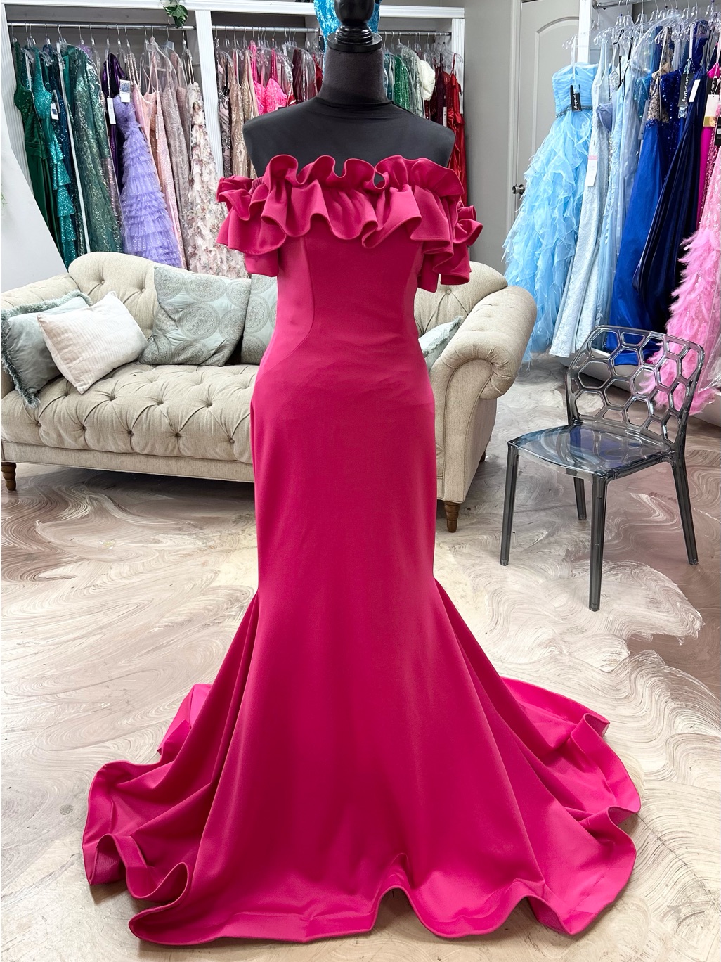 Fuchsia Ruffled Off-Shoulder Mermaid Dress